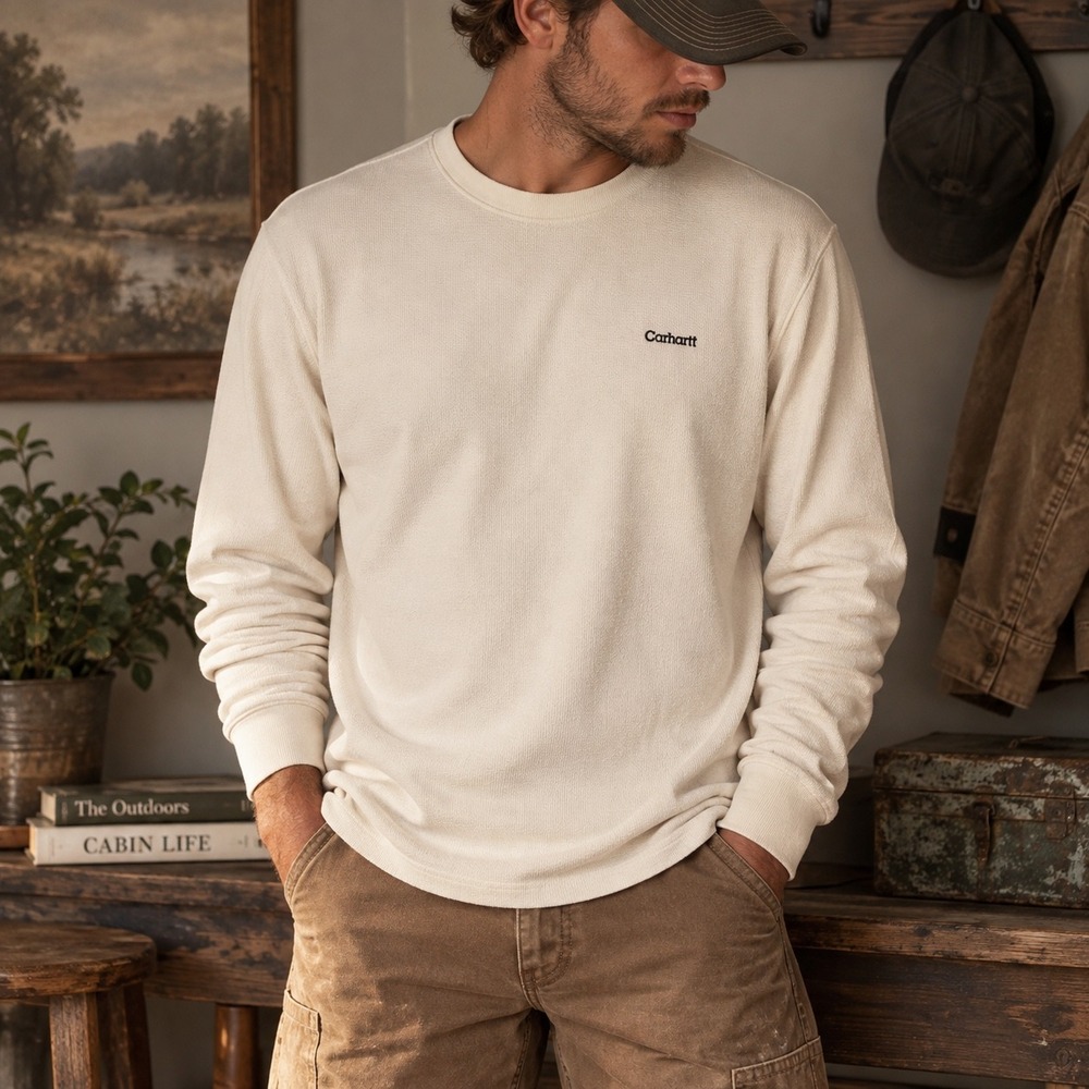 Carhartt Men's Large Cream Waffle Knit Thermal Long Sleeve Shirt Workwear